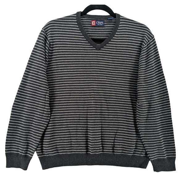 Chaps Striped Sweater XL Gray White Mens Ribbed Knit V‎ Neck Long Sleeve Winter - Picture 1 of 7